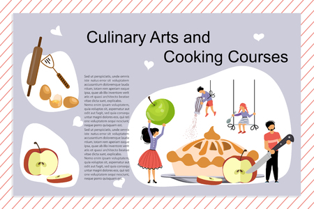 Culinary art and cooking courses Poster, banner template. Happy family cooking together an apple cake. Dad, mom, daughter, son enjoys of cookery. Flat Art Vector illustrationのイラスト素材