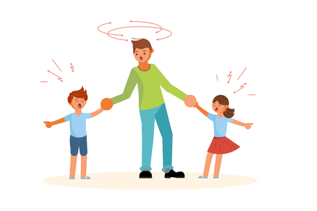 Difficulties of fatherhood and upbringing concept. Tired father with naughty children. Flat Art Vector illustrationのイラスト素材