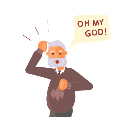 Old man exclaim in surprise and raises his hands to his head. Oh My Got! speech bubble above. Human character isolated on white background. Flat Art Vector illustrationのイラスト素材