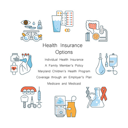 Health insurance concept for web banner, infographics, flyers. Medical services icons set. Flat Art Vector illustrationのイラスト素材