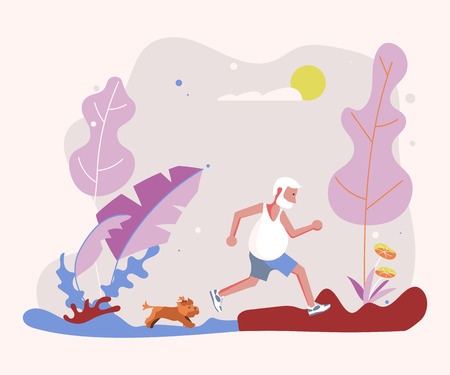 Old man with his dog jogging on the seaboard beach at sunset. Flat Art Vector illustrationのイラスト素材