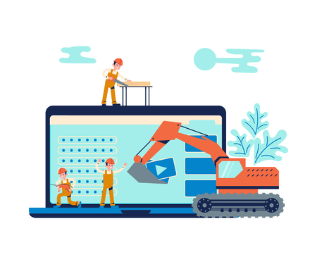 Development concept and website under construction background. 404 error or maintenance page with house building site, builders and construction equipment. Flat Art Vector illustrationのイラスト素材
