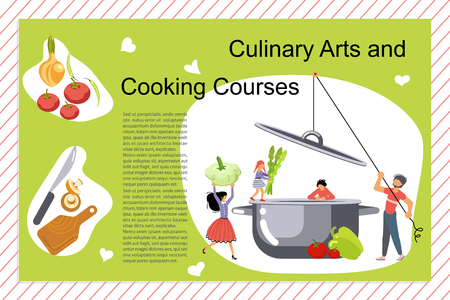 Culinary art and cooking courses Poster, banner template. Happy family cooking together a green soup concept. Dad, mom, daughter, son enjoys of cookery. Flat Art Vector illustrationのイラスト素材