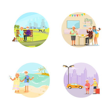 Big set of healthy active lifestyle retiree for grandparents. Elderly people characters. Grandparents family Seniorsin different situations. Flat Art Vector illustrationのイラスト素材