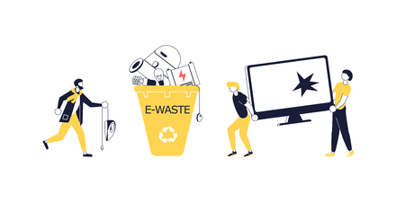 Concept for World Environment Day. People Characters are collecting garbage to yellow Recycle bins. Flat Art Vector illustrationのイラスト素材