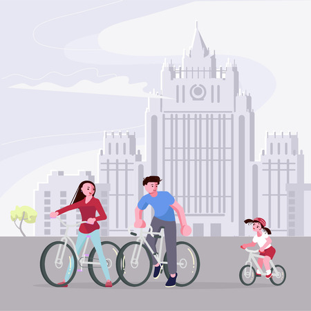 Parade of cyclists in Moscow city street. Mass urban cycling marathon. Families with child ride bicycles. Flat Art Vector illustrationのイラスト素材