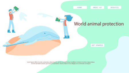 World rare animal protection landing page website template. Rescuers volunteers feed and treat sea lions. Flat Art Vector illustrationのイラスト素材