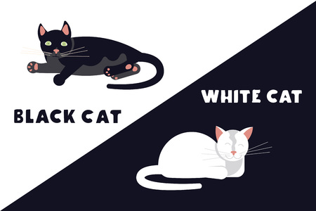 Frightened black and white kittens arch their back and hiss. Funny monochrome cats isolated suitable for cards, t-shirts and other. Flat Art Vector illustrationのイラスト素材