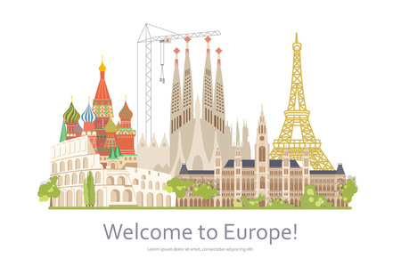 Worldwide traveling banner. Welcome to Europe travel. Famous landmarks of the world grouped together. Flat Art Vector illustrationのイラスト素材