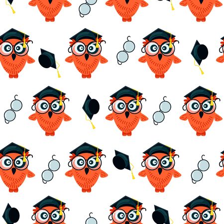 Seamless pattern made of Owls with graduation caps on white background. Flat Art Vector illustrationのイラスト素材