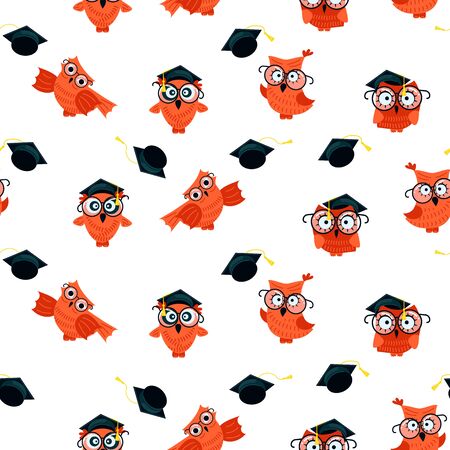 Seamless pattern made of Owls with graduation caps on white background. Flat Art Vector illustrationのイラスト素材