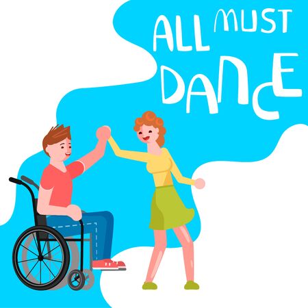 Banner happy disabled people dancing. All must dance dancing-party or studio poster. Flat Art Vector illustrationのイラスト素材
