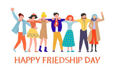 Friendship Day greeting card. Happy friends group of people hugging together. Flat Art Vector illustrationのイラスト素材