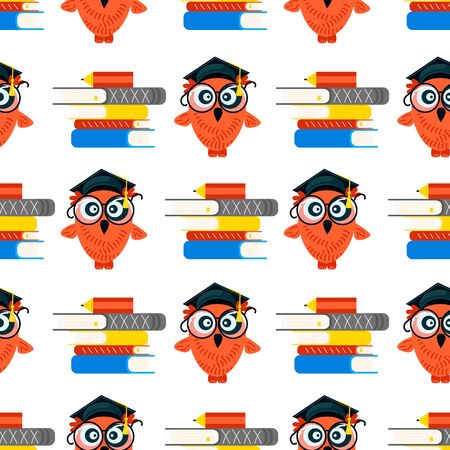 Seamless school pattern made of Owls with graduation caps on white background. Flat Art Vector illustrationのイラスト素材