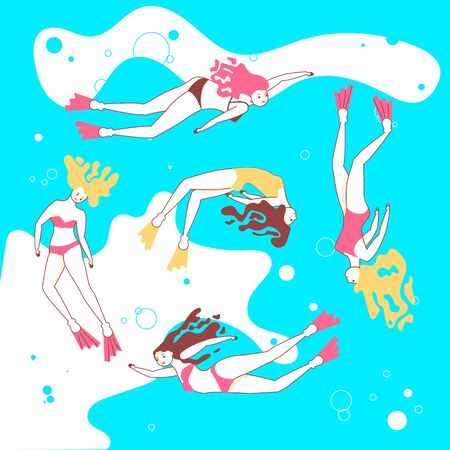 Print with Beautiful girls swimming sea. I love sea lettering in the center of the blue background. Flat Art Vector illustrationのイラスト素材