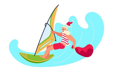 Young athletic Santa Claus brings gifts to children all over the world concept. Christmas at the tropical sea resort.  Flat Art Vector illustrationのイラスト素材