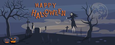Happy halloween banner template. Ghost and zombie on Scary Halloween background with old cemetery and moonlit night. Flat Art Vector illustrationのイラスト素材
