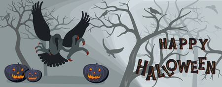 Happy halloween banner template. A flock of black crows in a terrible foggy forest with old dead trees. Flat Art Vector illustrationのイラスト素材