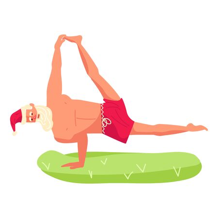 Young sporty Santa Claus standing in yoga pose, xmas fitness activity. Cute character isolated on white. Flat Art Vector illustrationのイラスト素材
