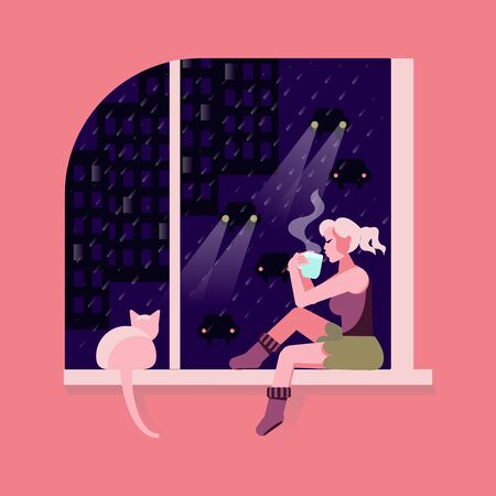 Young beautiful blonde woman with cup of coffee and cat sitting home by the window. Cold autumn evening outside background.のイラスト素材