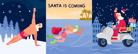 Merry Christmas and Happy New Year card! Young athletic Santa Claus isolated. Flat Art Vector illustrationのイラスト素材