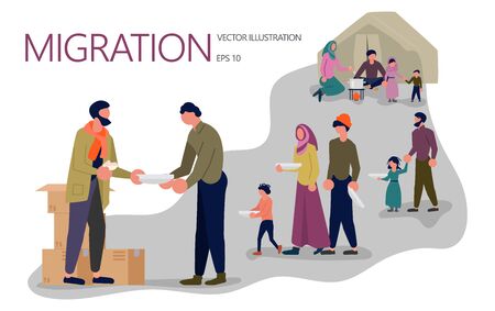 Landing page template. Hot meal queue line in a refugee camp. Peacekeepers are distributing humanitarian aid to adults and children.のイラスト素材