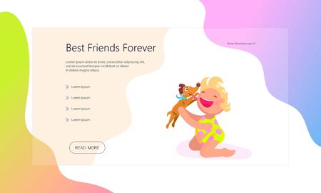 Landing web page template Best Friends Forever. A puppy was presented to the child, a happy boy holds a dog, she licks his cheek.のイラスト素材