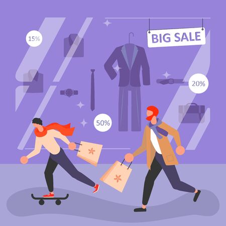 Square Banner for Black Friday sale. People running after shopping along the storefront with discount coupons.のイラスト素材