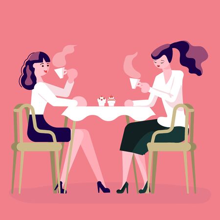 People in modern Cafe Shop drinking coffee drink, have a rest, enjoy free time. Two pretty girls chatting and drinking coffee at the table.のイラスト素材