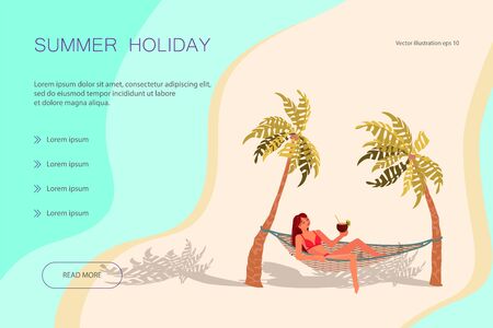 Landing web page template with Dream scene with Beautiful beach. A young woman lies on a Hammock between two palm trees and relaxes.のイラスト素材