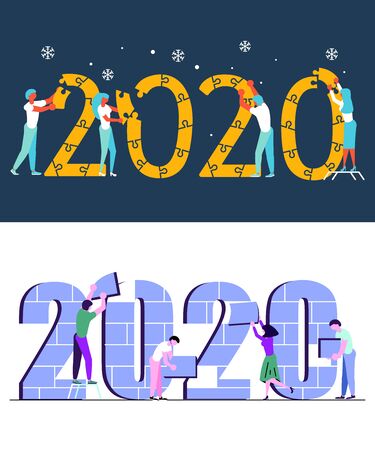 Set of  banners with People, man and woman building a numbers 2020, in flat modern style. preparing to meet the new year. Office Team are preparing to meet the new year. Flat Art Vector illustrationのイラスト素材