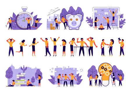 Business people, man and woman building a new idea, in flat modern style. To join in a merger make a deal or collaborate concept. Flat Art Vector illustrationのイラスト素材