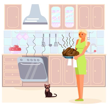Sad housewife is holding a dish with a burned turkey on the kitchen background. Bad luck and stressful situations concept. Flat Art Vector illustrationのイラスト素材