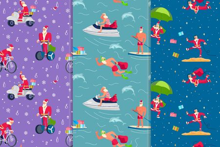 Set of Seamless pattern with Young athletic Santa Claus brings gifts to children all over the world. Christmas at the tropical sea resort. Flat Art Vector illustrationのイラスト素材