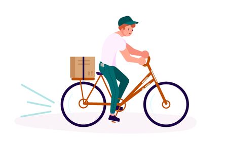 ourier character by bike. Delivery service working in city concept design in cartoon style. Flat Art Vector Illustrationのイラスト素材