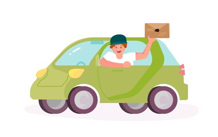 Ñourier character by car. Delivery service workingconcept design in cartoon style isolated on white. Flat Art Vector Illustrationのイラスト素材