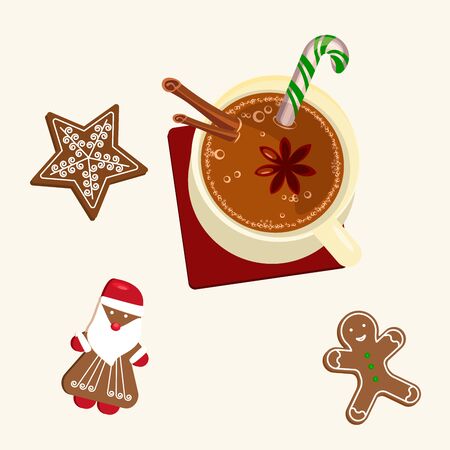 Cup of coffee and traditional decorated festive sweet and gingerbread man chocolate cookies. Merry Christmas message top view concept. Flat Art Vector Illustrationのイラスト素材