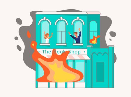 House On Fire isolated on white. People in a burning house ask for help. Flat Art Vector Illustrationのイラスト素材