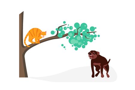Cat vs dog concept. Dog attak to kitty, cat is arching his back and hissing on tree isolated. Flat Art Vector Illustrationのイラスト素材