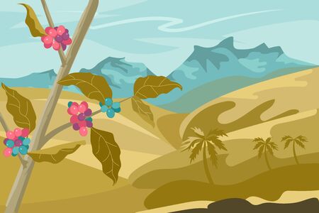 Panoramic coffee plantation landscape. Branch with coffee beans and hills background. Flat Art Vector illustrationのイラスト素材