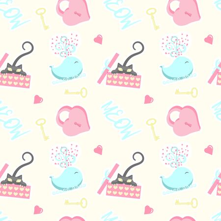 Seamless pattern with cute cat, heart and whale. Modern trend colorful pet characters template. Design for fabric, textile, wallpaper, wrapping paper, posters and banners. Flat Art Vector illustrationのイラスト素材