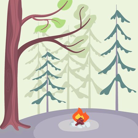 Natural cute landscape with pine forest and a campfire in the center. Flat Art Vector illustrationのイラスト素材