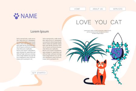 Landing web page template with Cute and playful kitten damage houseplant. Guilty cat colorful concept isolated on white background. Naughty cat eating house plant. Flat Art Vector Illustrationのイラスト素材
