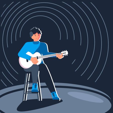 Folk music male artist. Man singer singing into a microphone. Retro poster performance. Flat Art Vector illustrationのイラスト素材