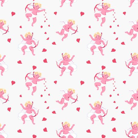 Seamless pattern with Playful Cupid sleeping on cloud, aim an arrow from archery, sprinkles with hearts. Symbol of love for Valentines day fabric, textile, wrapping paper Flat Art Vector illustrationのイラスト素材