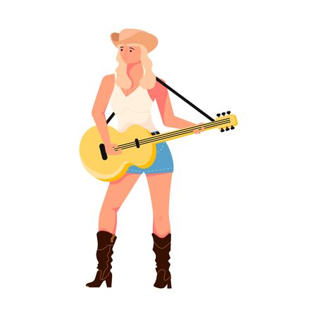 Country female singer isolated on white. Woman artist singing into a microphone. Flat Art Vector illustrationのイラスト素材