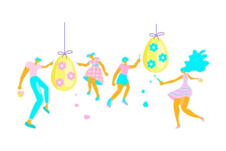 Happy Easter scene Banner. Horizontal Spring Festival Invitation Template with Tiny People. Happy Family and rabbit Paint Colorful Egg. Flat Art Vector Illustrationのイラスト素材