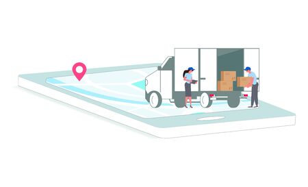 Parcel and mail delivery service and tracking app website template. Smartphone with map on the screen and people load cargo into the truck. Online Navigation shipping. Flat Art Vector illustrationのイラスト素材