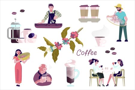 Set of coffee symbols. Cafe Shop, Blooming coffee branch, coffee farmer characters, Barista and various cups with beverages. Flat Art Vector illustrationのイラスト素材