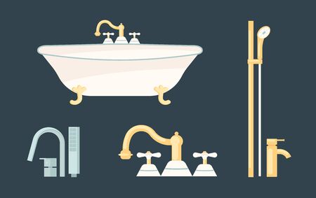 Bathtub with set of faucets. White basin and bath-shower mixers on dark background. Flat Art Vector illustrationのイラスト素材